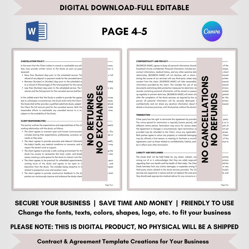 Contract Templates, Agreement Templates, Service Contract, DIY Editable, CANVA-MS Word, Editable Contract, Postpartum Doula Service Contract, Postpartum Support Agreement, Postpartum Wellness Terms, Doula Service Forms, Birth Helper, Birth Assistance