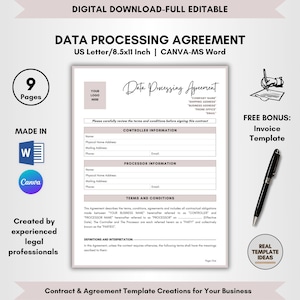 Data Processing Agreement Template, 9 Pages DIY Editable, GDPR Contract, Data Transfer Terms, Data Privacy Forms, Data Security Policy, DPA