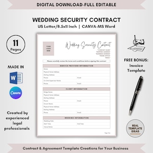 Könnte beinhalten: Eine druckbare Vorlage für einen Sicherheitsvertrag für Hochzeiten im US-Letter-Format, 8,5x11 Zoll. Die Vorlage enthält Abschnitte für die Informationen des Dienstleisters, die Informationen des Kunden und die Informationen zur Hochzeit. Sie enthält außerdem eine kostenlose Bonus-Rechnungsvorlage.