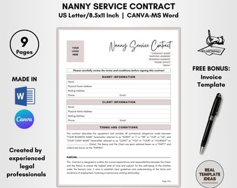 Nanny Service Contract Template: 9 Pages DIY Editable Agreement (CANVA-MS Word), Customizable Nannying Forms