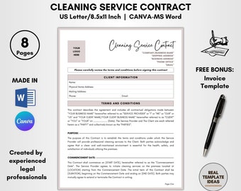 Cleaning Service Contract Template, 8 Pages DIY Editable, Tidy Service Agreement, Clean Work Terms, Maid Service Form, Hygiene Agreement