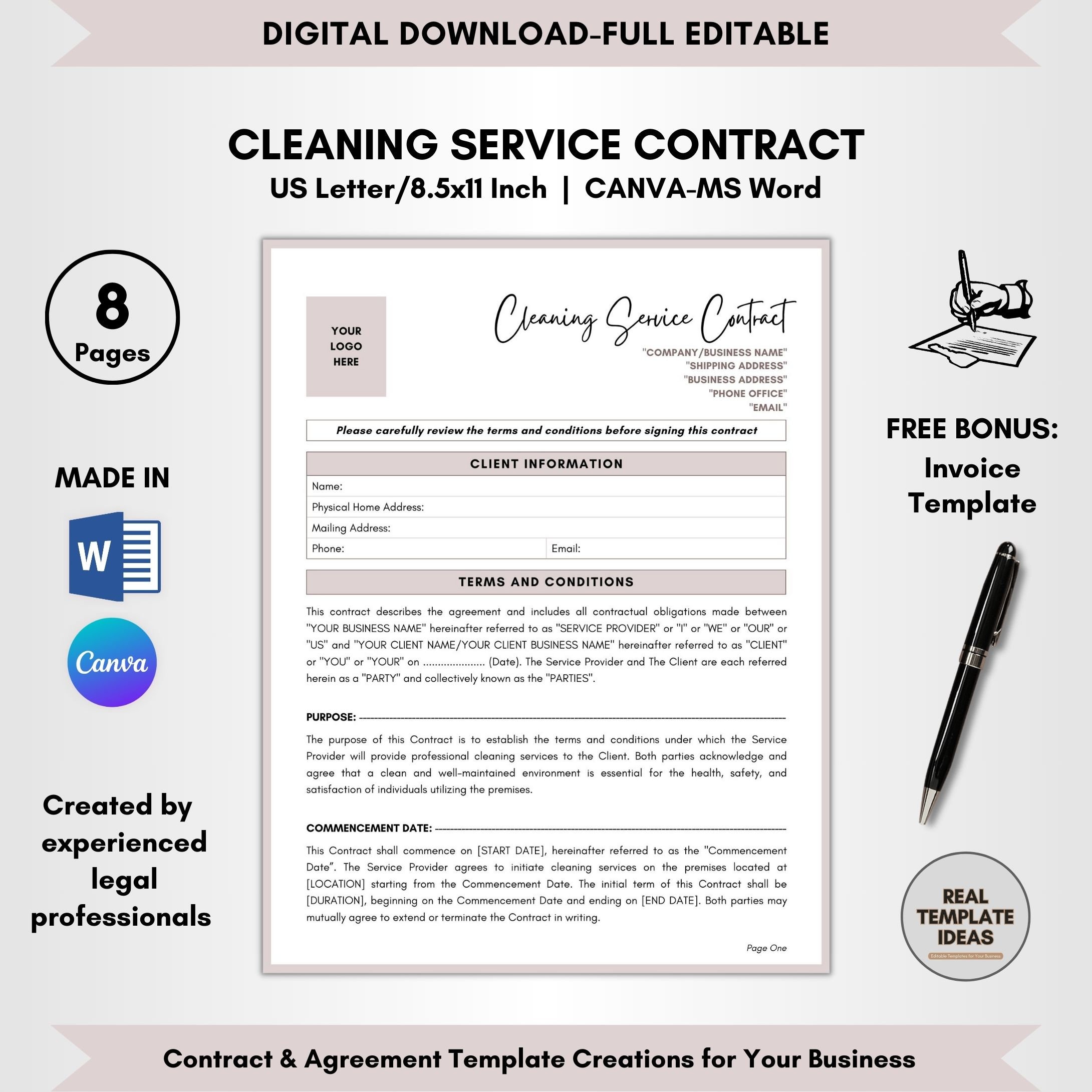 Cleaning Service Contract Template, 8 Pages DIY Editable, Tidy Service Agreement, Clean Work Terms, Maid Service Form, Hygiene Agreement