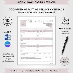 Dog Breeding Mating Service Contract Template, 10 Pages DIY Editable, Stud Dog Service Agreement, Breeder Sire Dam Contract, CANVA-MS Word