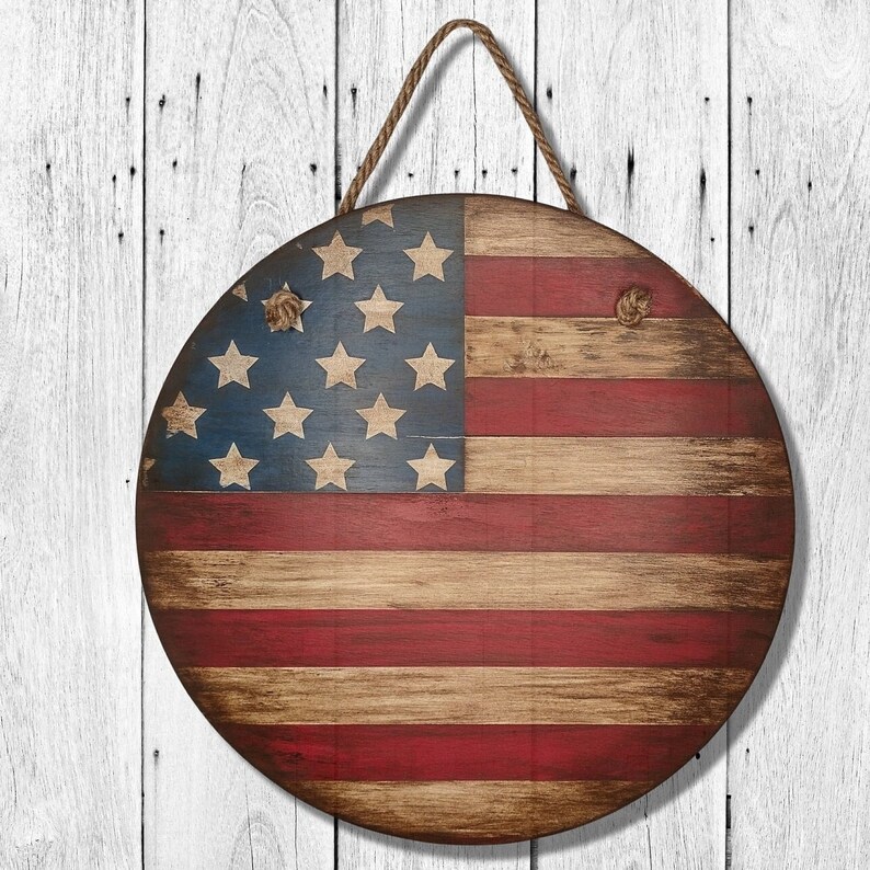 Rustic Americana Flag Door Hanger Hand Painted Wooden 15 Round Outdoor