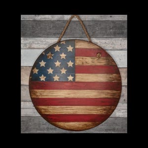 Rustic Americana Flag Door Hanger - Hand Painted Wooden 15 Round - Outdoor Protected