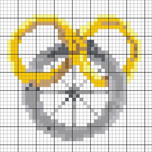 Puede incluir: Un diseño de arte de píxeles de un símbolo de infinito amarillo con un círculo gris en el centro. El símbolo de infinito está formado por dos bucles entrelazados.