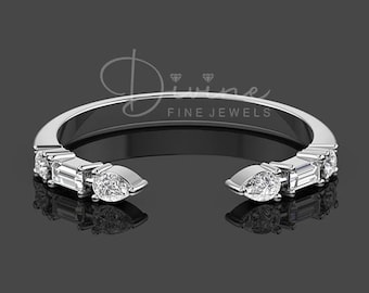 Sterling Silver Open Gap Wedding Band, Mixed Cut Stacking Ring