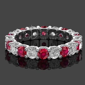 Alternating Ruby And CZ Diamond Wedding Band, July Birthstone Anniversary Band, Full Eternity Wedding Band Ring For Women