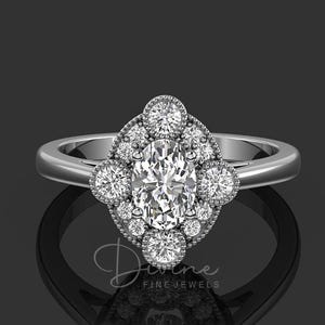Art Deco Moissanite Oval Verlobungsring, einzigartiger Vintage-Stil Milgrain Ring, Weißgold Moissanite Versprechensring für Frauen