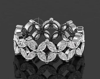 Marquise Flower Anniversary Ring, Moissanite Floral Full Eternity Wedding Band, Unique Bridal Matching Band, 925 Silver Band