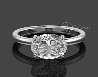 East West Oval Moissanite Ring, Sideways Oval Solitaire Engagement Ring, Classic Horizontal Oval Ring, 925 Sterling Silver Promise Ring