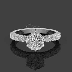 Round Cut Solitaire Engagement Ring, 925 Silver Round Moissanite Solitaire Ring, Side Round Stones Ring, Promise Ring For Her