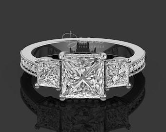 3 Stone Princess Cut Moissanite Engagement Ring, Square Stone Moissanite Ring, Trilogy Wedding Ring, 925 Silver Promise Rings For Women