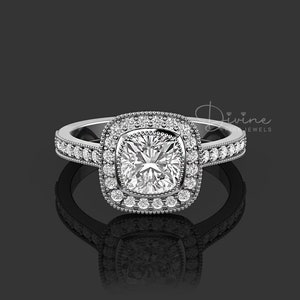 Art Deco Vintage Cushion Cut Halo Engagement Ring, 925 Sterling Silver Moissanite Halo Ring For Women, Milgrain Vintage Promise Ring For Her