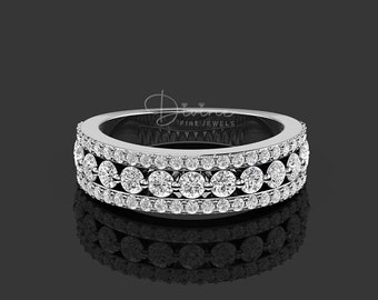 Moissanite Three Row Anniversary Wedding Band, Bubble Prong Wedding Band, Diamond Stackable Rings, 925 Silver Promise Ring For Women