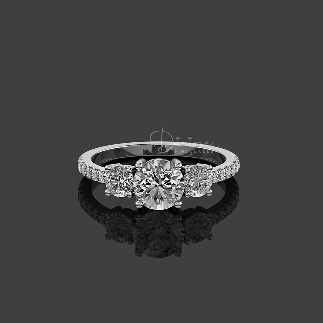Three Stone Round Moissanite Engagement Ring For Women, 3 Stone Ring With Side Pave Stones, 925 Silver Classic Promise Ring, Gift For Her