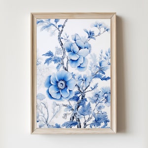 Chinoiserie Blooms Vintage Art Print | Wall Decor | Blue and White Flowers Wall Art |  Digital Download PRINTABLE Print Floral Wall Poster
