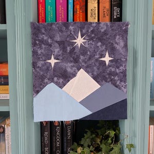 May include: A fabric art piece depicting a night sky scene with mountains and stars. The piece features a dark blue background with three white stars and a mountain range in shades of blue and white. The artwork is displayed against a backdrop of bookshelves.