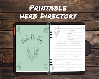 May include: A printable herb directory journal with a green cover and a black and white illustration of herbs. The journal has a section for recording information about each herb, including its botanical name, other names, native region, color, taste, aroma, usable parts, medicinal uses, magical uses, harvesting information, cautions, and notes.