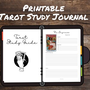 May include: Printable tarot study journal with a black and white illustration of a hand holding two tarot cards. The journal has a section for the Empress card with space for keywords, upright and reversed meanings, and intuitive meaning.