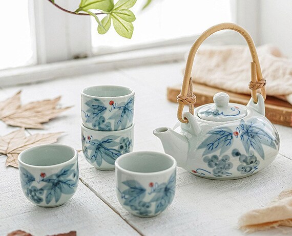 Vintage Electric Water Heater Tea Cup Set Coffee Pot Teapot Blue Floral  Japan