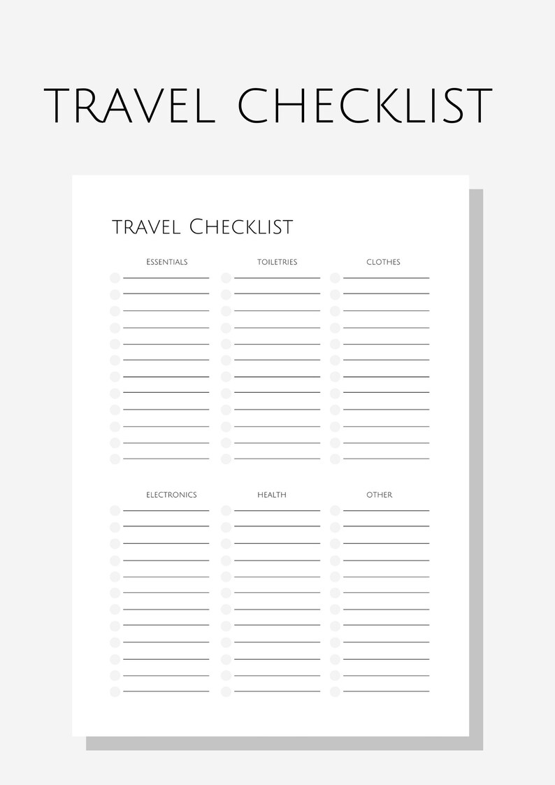 A4 Travel Checklist, Printable Travel Planner, Packing List, Trip