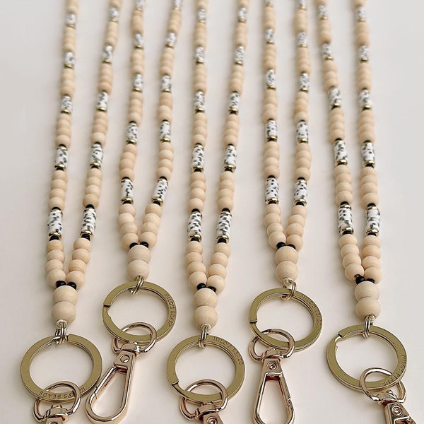 Black & White w/ Gold Accent Lanyard, Teacher Lanyard, Wood Lanyard, Wooden Bead Lanyard, Healthcare Lanyard