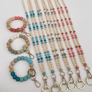 Neutral Wood + Blue, Brown, or Pink Lanyard, Silicone Lanyard, Teacher Lanyard, Wood Lanyard, Wooden Bead Lanyard, Healthcare Lanyard