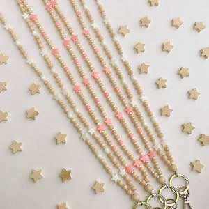 Star Lanyard, Cream Star Lanyard, Pink Star Lanyard, Teacher Lanyard, Wood Lanyard, Wooden Bead Lanyard, Healthcare Lanyard