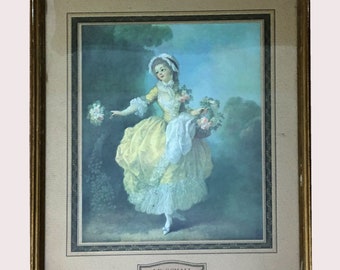 Könnte beinhalten: Ein gerahmter Vintage-Druck einer Frau in einem gelben Kleid, die einen Blumenkorb hält. Der Druck ist mit "L'Illustration" betitelt und mit "J.F. Schall, Berufsmaler" signiert.