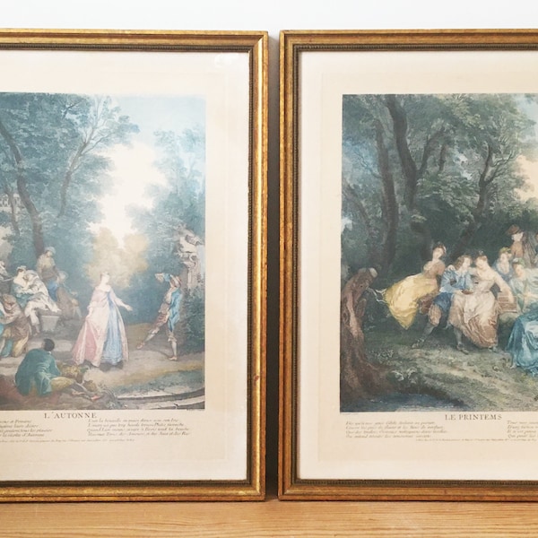 Zeldzame originele antieke rococo gravures onder antireflecterend (museumglas?) Glas gemonteerd in vergulde frames