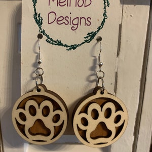 Wooden paw print earrings / laser cut earrings / cat paw print / dog paw print / chunky earrings
