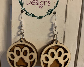 Wooden paw print earrings / laser cut earrings / cat paw print / dog paw print / chunky earrings