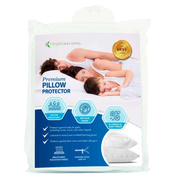 2 Pack Water resistant Pillow Protectors, Fully Enclosed Zippered, Protects from bed bugs, Dust mites, Allergens, and lice by Hygea Natural