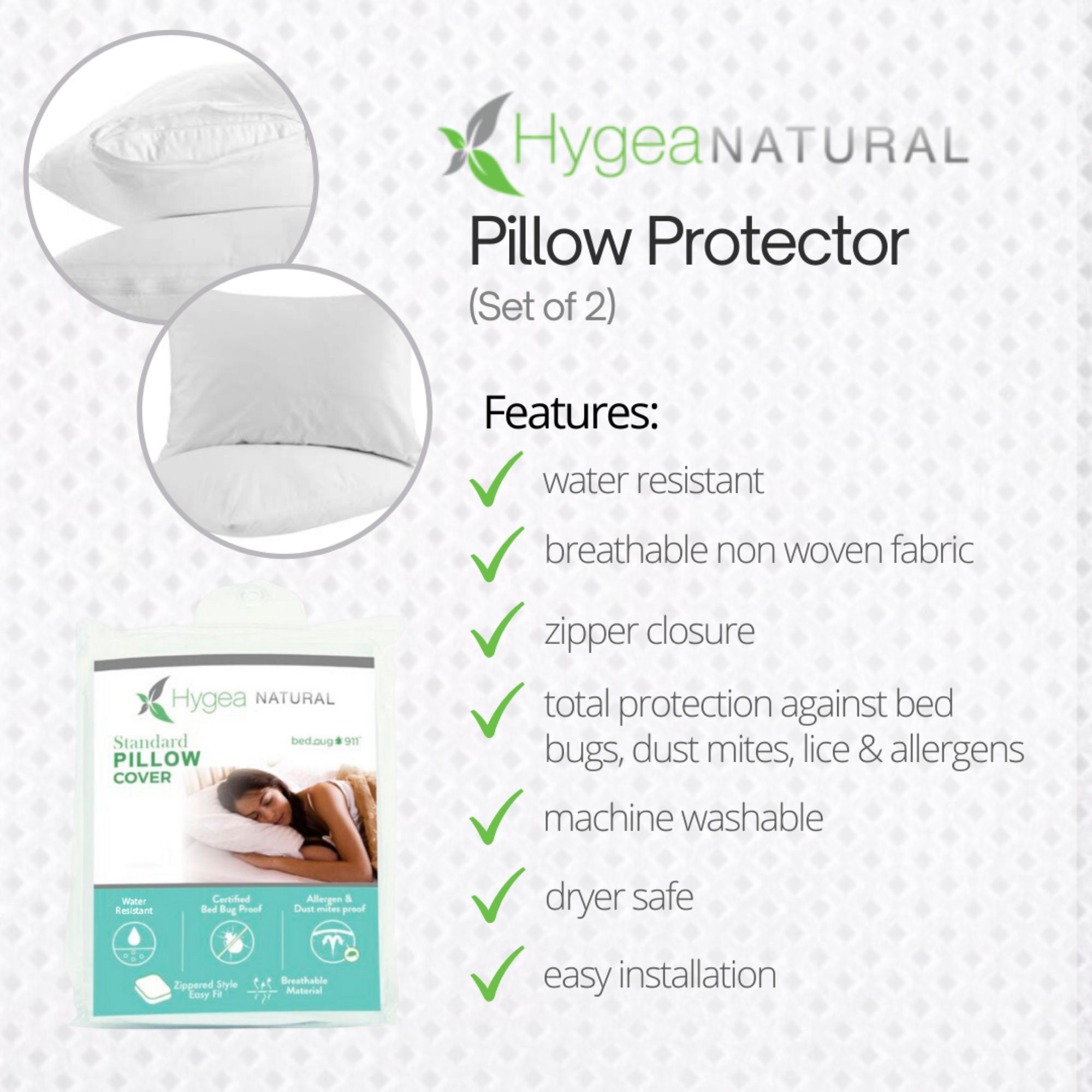 Hygea Natural Standard Bed Bug Pillow Protector waterproof Zippered 2