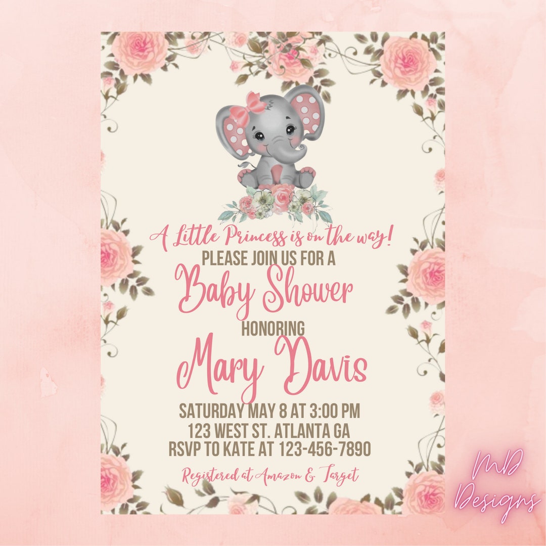 Baby Shower | Elephant Baby Shower Template | Girl Baby Shower | Edit ...