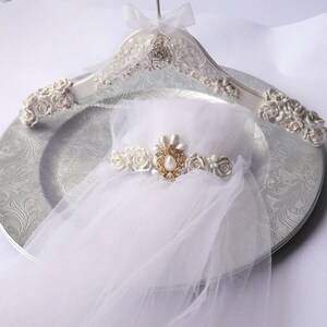 Veil and Bride Hanger Set, Pearlescent Shimmer White Wedding Dress Hangers, Personalised Hanger Charm, Elegant Bride Gift, Satin Bags. image 3
