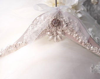 Luxury Wedding Dress Hanger, Large Pearlescent Shimmer Bridal Hanger with Personalised Tag and Satin Bag, Bridal Shower Gift.