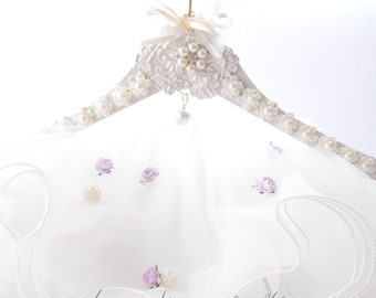 Pearl Flower Wedding Dress Hanger, Personalised  Hand Painted Tag, Bridal Hanger Gift with Satin Bag.