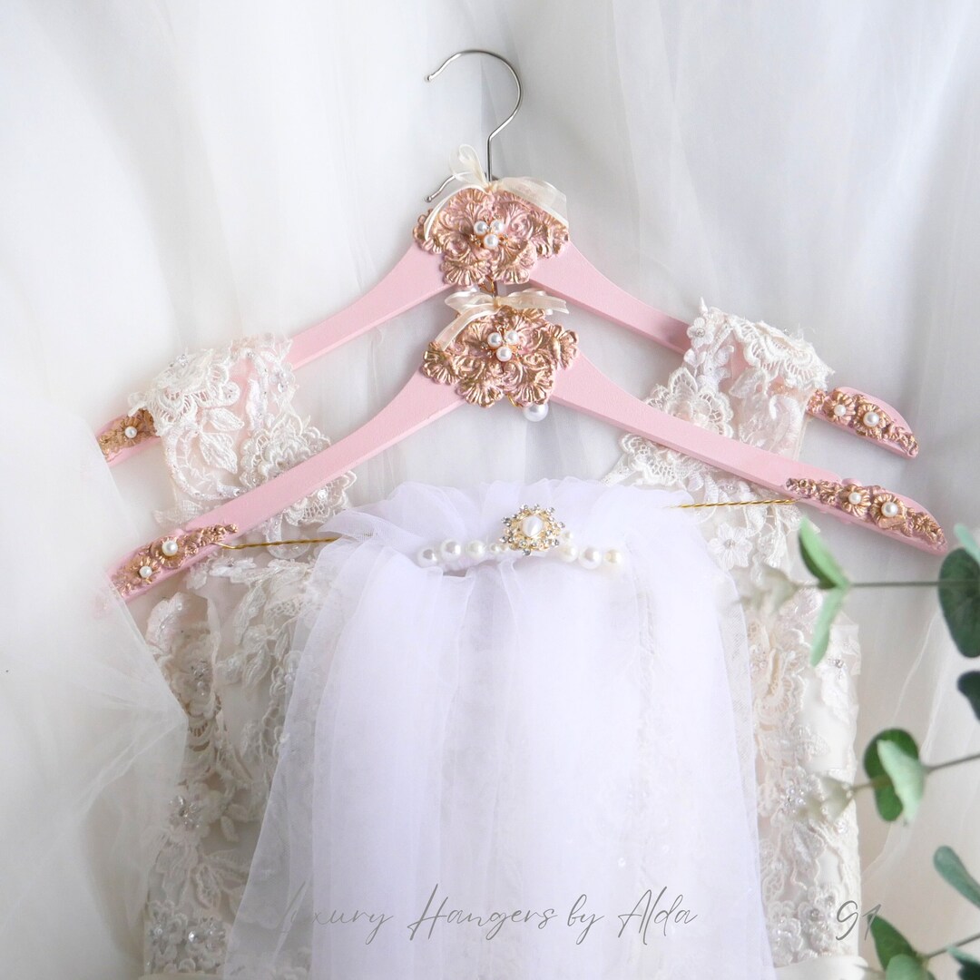 Pink and Gold Bridal Hanger and Veil Hanger Set, Personalised Hangers