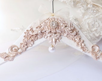 Large Pearl White Wedding Dress Hanger, Light Champagne Gold Pearl Bridal Hanger, Personalised Hanger Charm, Bridal Shower Gift, Satin Bag