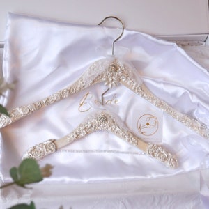 Veil and Bride Hanger Set, Pearlescent Shimmer White Wedding Dress Hangers, Personalised Hanger Charm, Elegant Bride Gift, Satin Bags. image 10