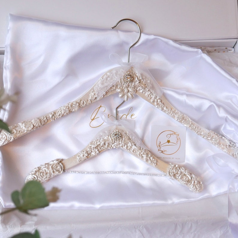 Veil and Bride Hanger Set, Pearlescent Shimmer White Wedding Dress Hangers, Personalised Hanger Charm, Elegant Bride Gift, Satin Bags. image 10