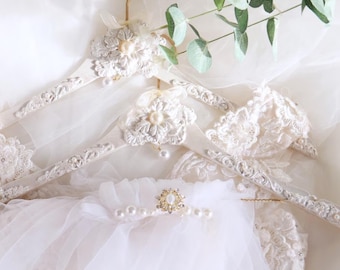 Personalized Bridal Hanger Set: Hand-Painted Wedding Dress & Veil Hangers