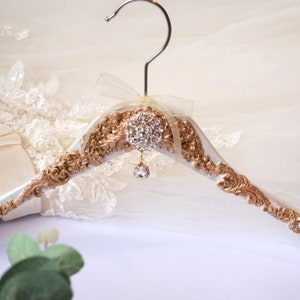 Gold and Pearl White Large Wedding Dress Hanger, Bridal Hanger with Personalised Tag and Satin Bag, Gift for Bride.