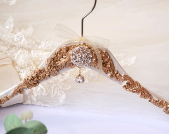 Gold and Pearl White Large Wedding Dress Hanger, Bridal Hanger with Personalised Tag and Satin Bag, Gift for Bride.