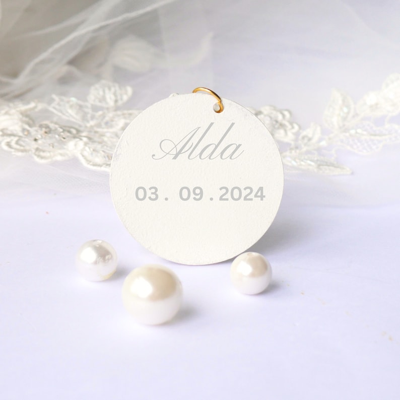 Veil and Bride Hanger Set, Pearlescent Shimmer White Wedding Dress Hangers, Personalised Hanger Charm, Elegant Bride Gift, Satin Bags. image 8