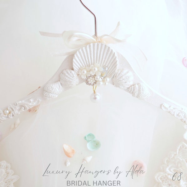 BEACH Wedding Dress Hanger with Seashells and Pearls, Personalised Bridal Hanger with Name Tag and Satin Keepsake Bag.