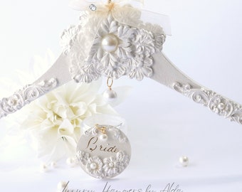 Wedding Dress Hanger, Pearl White Bridal Hanger with Pearls, Personalised with Hand Painted BRIDE Tag, Gift, Satin Bag Included.