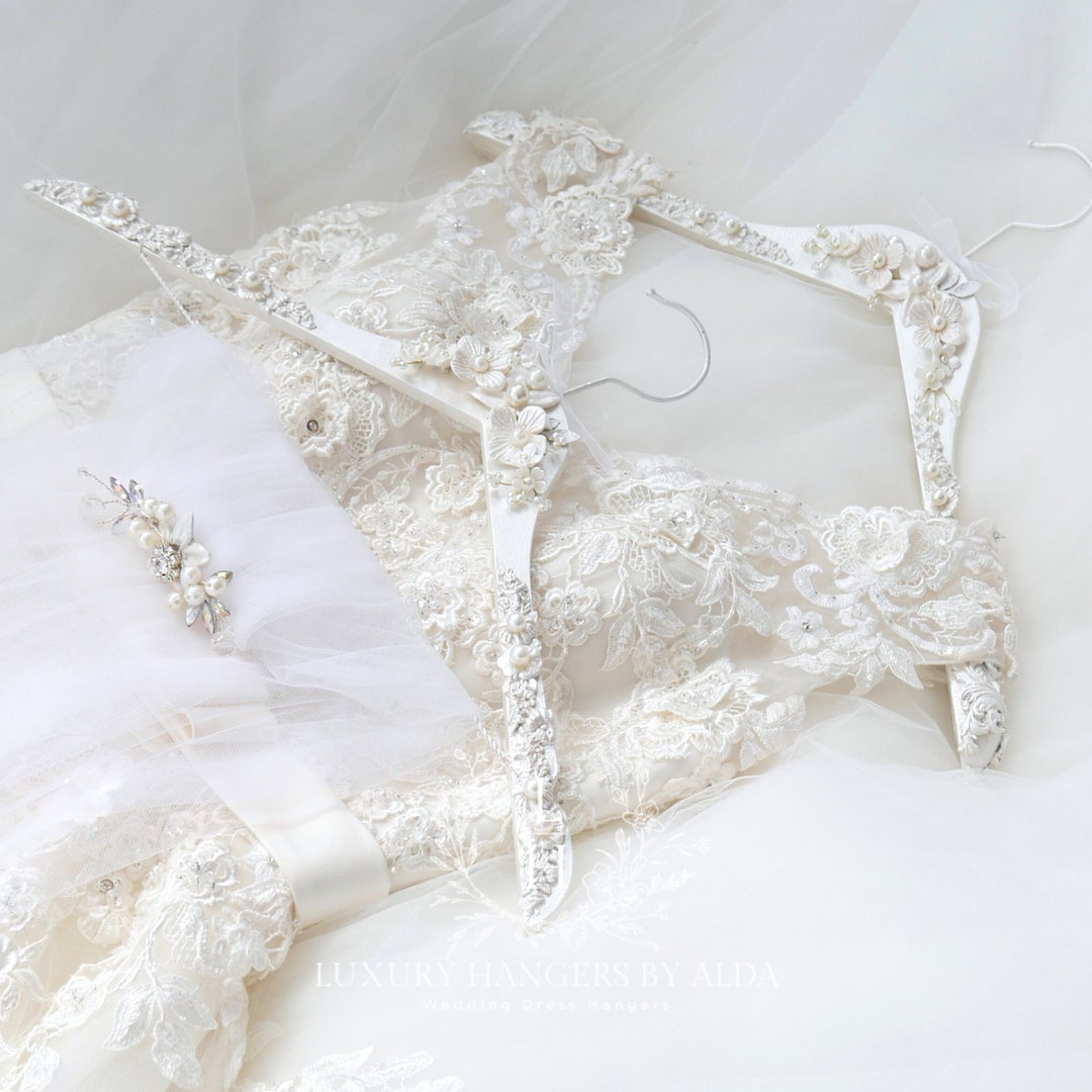 Pearlescent Bridal Hanger Set: Personalized Wedding Gown & Veil Hangers